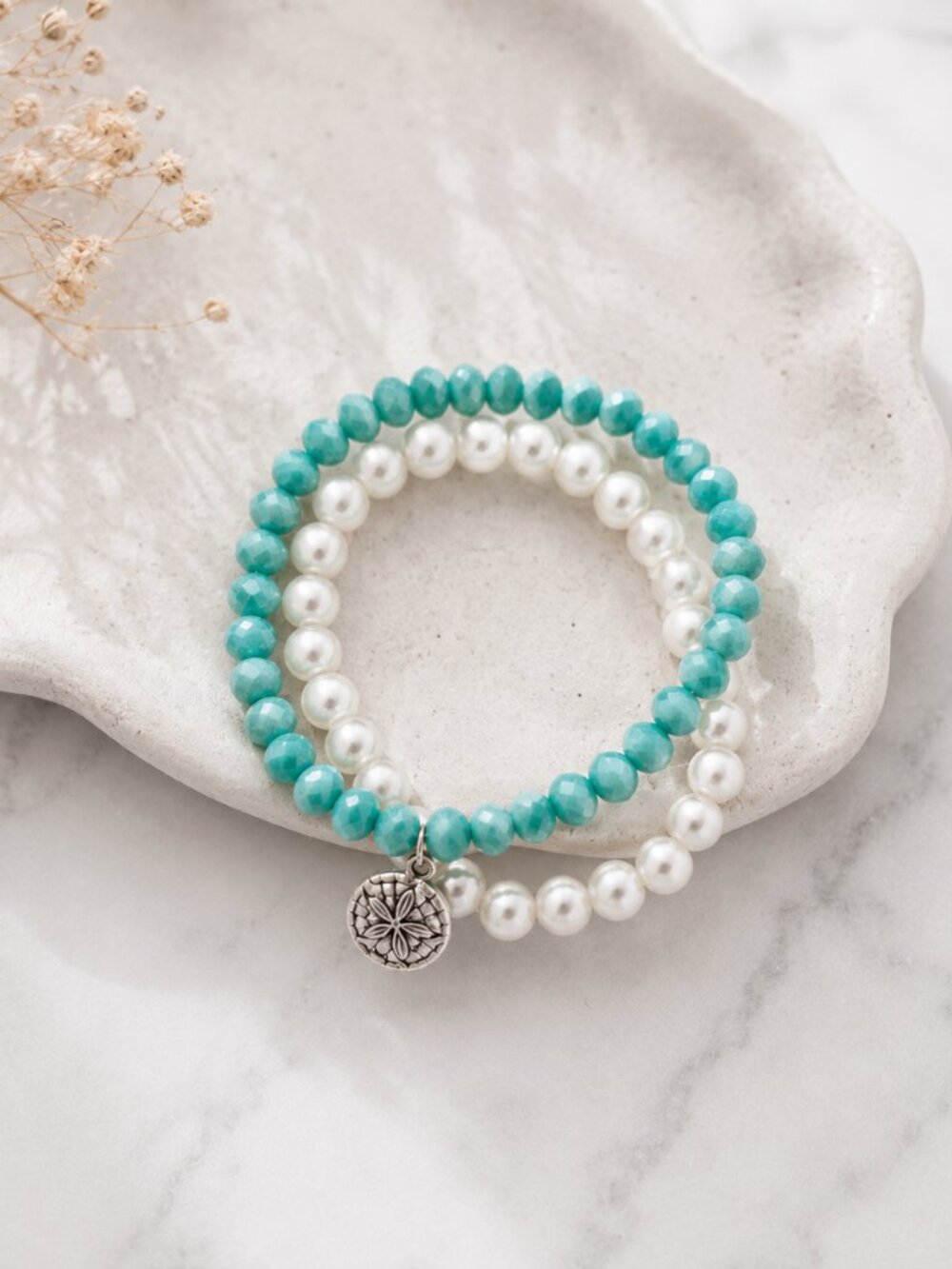 Sea Glass Bracelet Set | Sand Dollar Charm| Beauty & Patience